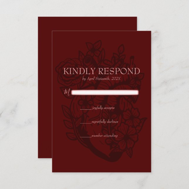 Rotes Blütenherz Elegante Gotische Hochzeit RSVP Karte (Vorne/Hinten)