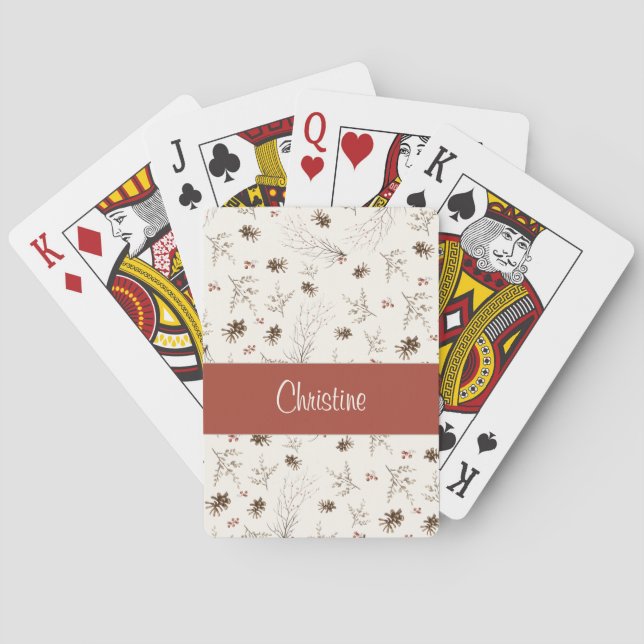 Rotes Boho-Aquarell-Wald-Monogramm-Name Spielkarten (Rückseite)