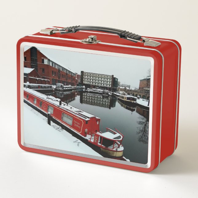 Rotes Boot, am Wasser Metall Brotdose (Vorderseite)