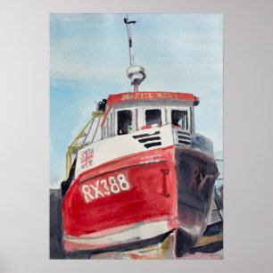 Rotes Boot Küsten-Aquarell Poster