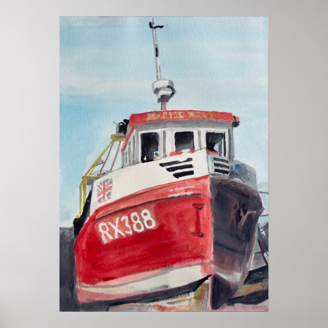 Rotes Boot Küsten-Aquarell Poster (Vorne)