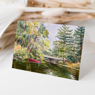 Rotes Boot "Mountain Lake" Wasserfarbene Landschaf Dankeskarte