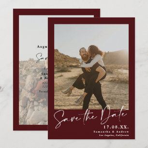 Rotes Bordeaux-Foto mit elegantem Skript Save the Date