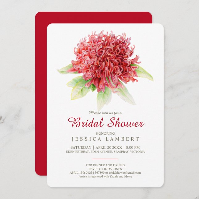 Rotes Bordeaux-Waratah-Brautparty Einladung (Vorne/Hinten)