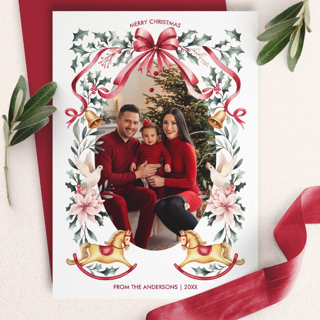 Rotes Bow Botanisches Weihnachtsrockpferd Foto Feiertagskarte (Von Creator hochgeladen)