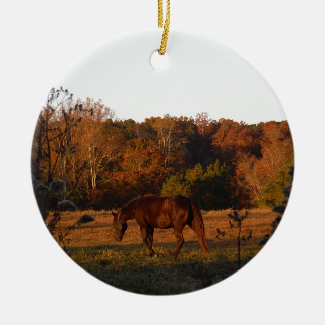 Rotes braunes Pferd, Herbstwald. Keramik Ornament (Vorne)