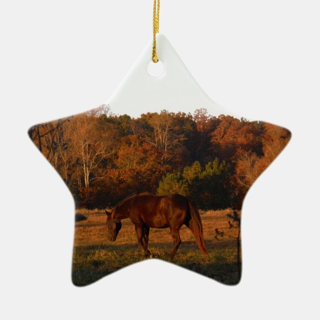 Rotes braunes Pferd, Herbstwald. Keramikornament (Vorne)