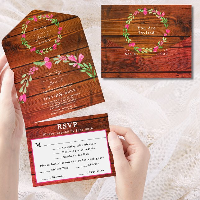 Rotes Brown Rustikales Holz Rosa Blumenrosa UAWG All In One Einladung (Red Brown Rustic Wood Pink Floral Country Wed RSVP All In One Invitation)