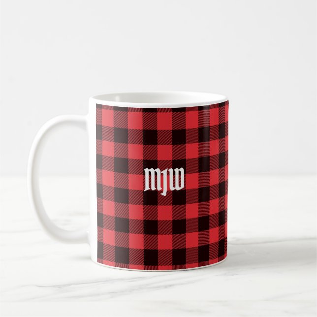 Rotes Buffalo Kariert Monogramm Kaffeetasse (Links)