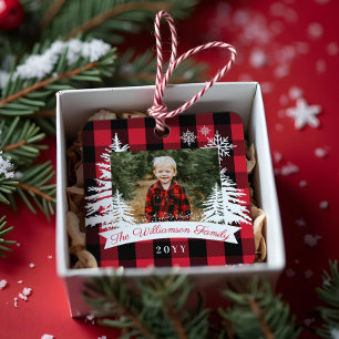 Rotes Buffalo Kariert Rustikales Pine Trees Family Ornament Aus Metall