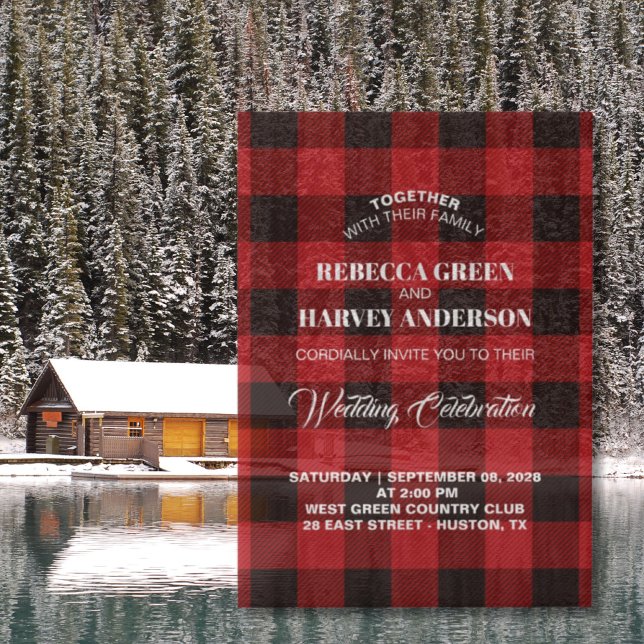 Rotes Buffalo karierte Lumberjack Winterhütte (Red Buffalo plaid lumberjack winter cabin wedding Vellum Invitations)