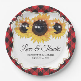 Rotes Buffalo Karierte Sonnenblumenhochzeit Pappteller