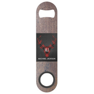 Rotes Buffalo Kariertes Hirschkopf Monogramm Speedflaschenöffner