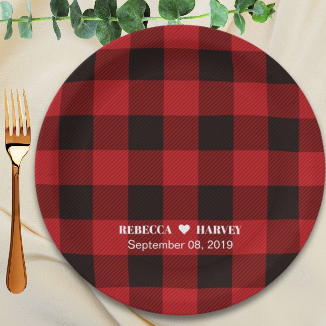 Rotes Buffalo kariertes rustikales Party Pappteller (red buffalo plaid rustic winter wedding party paper plates)