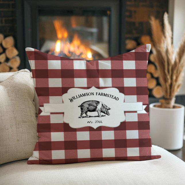 Rotes Buffalo Kariertes Schweineblatzkissen Kissen (Red Buffalo Plaid Farm Pig Throw Pillow)