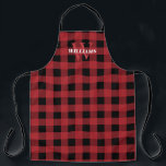 Rotes Buffalo Karo Name & Anfangsbezeichnung Schürze<br><div class="desc">Rote Büffel-Karo-Schürze mit Ihrem ersten in blassroten und Nachnamen in weiß.</div>