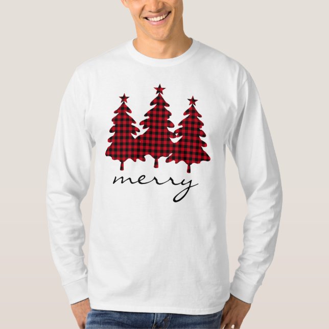 Rotes Buffalo Karo Pine Tree Merry T-Shirt (Vorderseite)