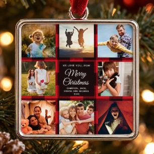 Rotes Büffel-Karo 8-Foto-Collage Familienbild Ornament Aus Metall