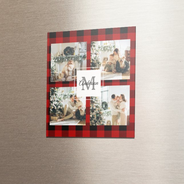 Rotes Büffel-Karo & Collage-Foto mit Initiale  Magnet (Von Creator hochgeladen)