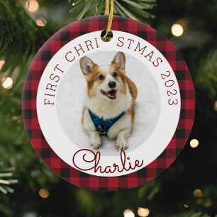 Rotes Büffel-Karo-Foto zum ersten Weihnachten des  Keramik Ornament