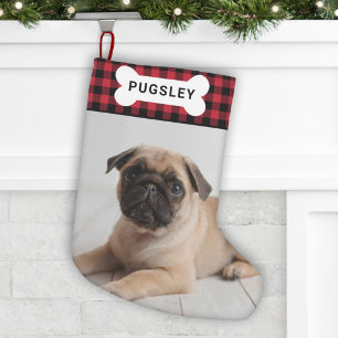 Rotes Büffel-Karo Haustier-Hundeknochen-Foto-Name Kleiner Weihnachtsstrumpf