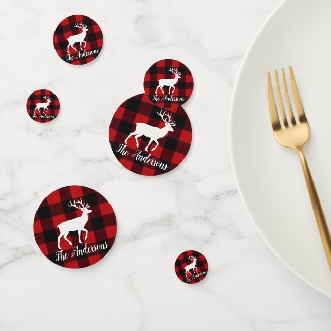 Rotes Büffel-Karo & Rentiere | Personalisierter Na Konfetti (Gruppe)