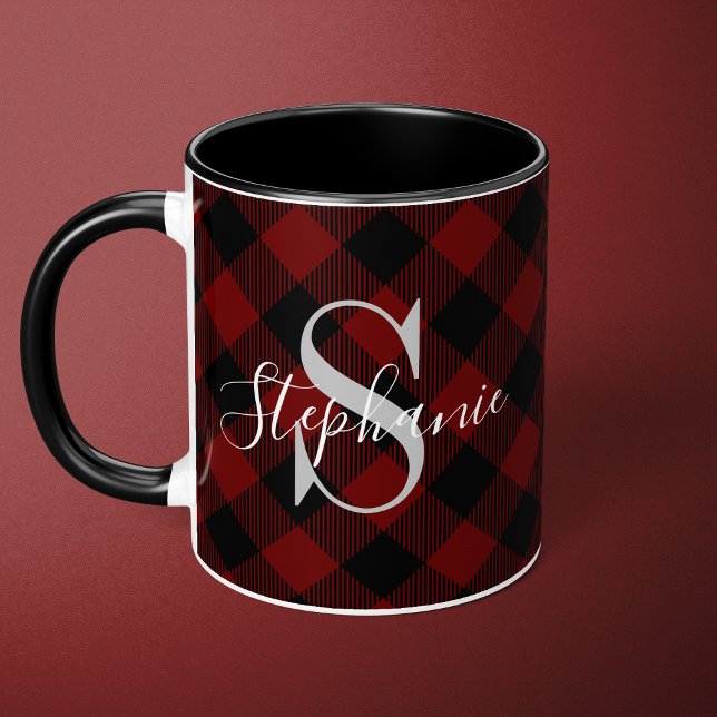 Rotes Büffel-Karo-rustikales Monogramm Name Tasse (Von Creator hochgeladen)