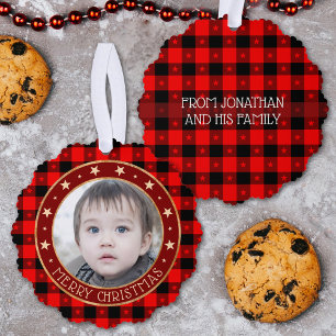 Rotes Büffel-Karo & Sterne Frohe Weihnachten Custo Ornament Karte