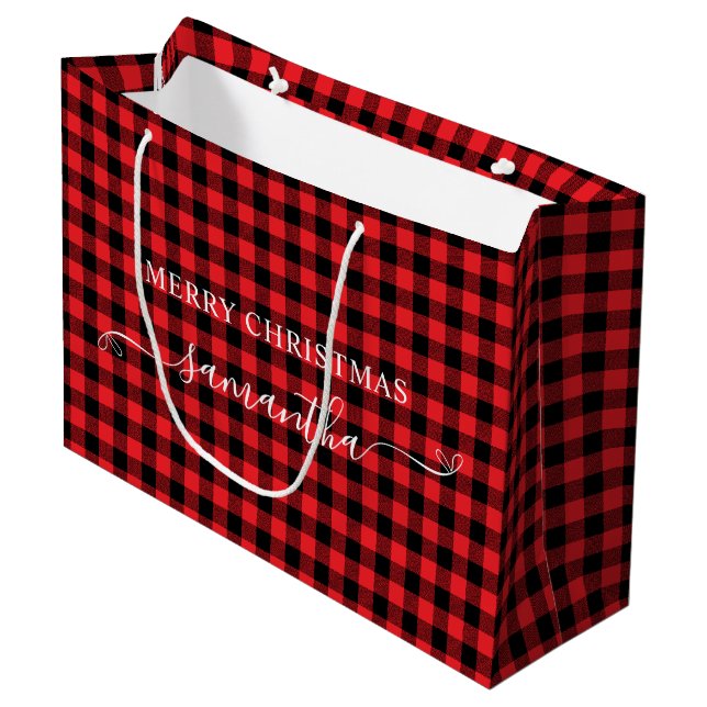 Rotes Büffel-Karo Weihnachten Süße Schleife Name Große Geschenktüte (Vorderseite Schrägansicht)