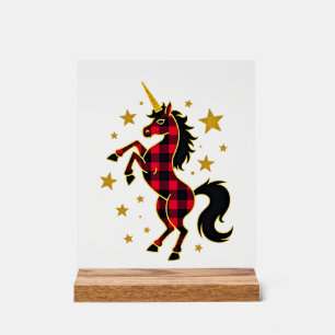 Rotes Büffelkariert Einhorn Weihnachts-T-Shirt für Acrylschild
