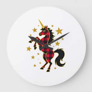 Rotes Büffelkariert-Einhorn-Weihnachts-T-Shirt für Große Wanduhr