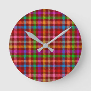 Rotes buntes Gingham-Karo-Muster Runde Wanduhr