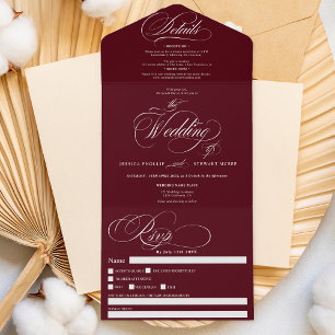 Rotes Burgund elegane Kalligrafie Hochzeit All In One Einladung