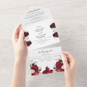 Rotes Burgund und Weiße Blumen Elegante Hochzeit All In One Einladung