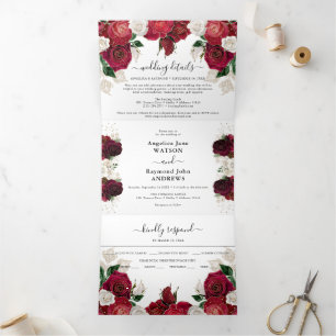 Rotes Burgund & Weiße Florale Elegante Hochzeit Dreifach Gefaltete Einladung