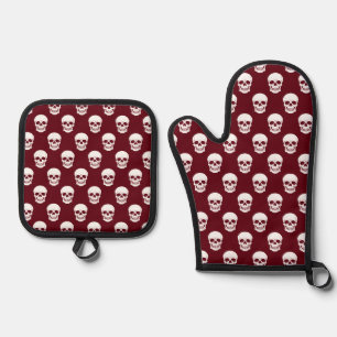 Rotes Burgunder-Totenkopf-Muster modernes Hallowee Ofenhandschuh & Topflappen-Set