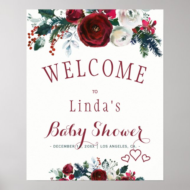 Rotes Burgunder-Wasserfarben-Winterbouquet-Babypar Poster (Vorne)