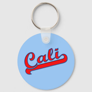Rotes Cali California-Logo auf Blau Schlüsselanhänger