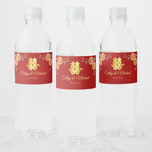 Rotes chinesisches Hochzeitsorange-Blumen-Doppelgl Wasserflaschenetikett