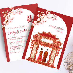 Rotes chinesisches Hochzeitspaar Tempel Kirschblüt Einladung