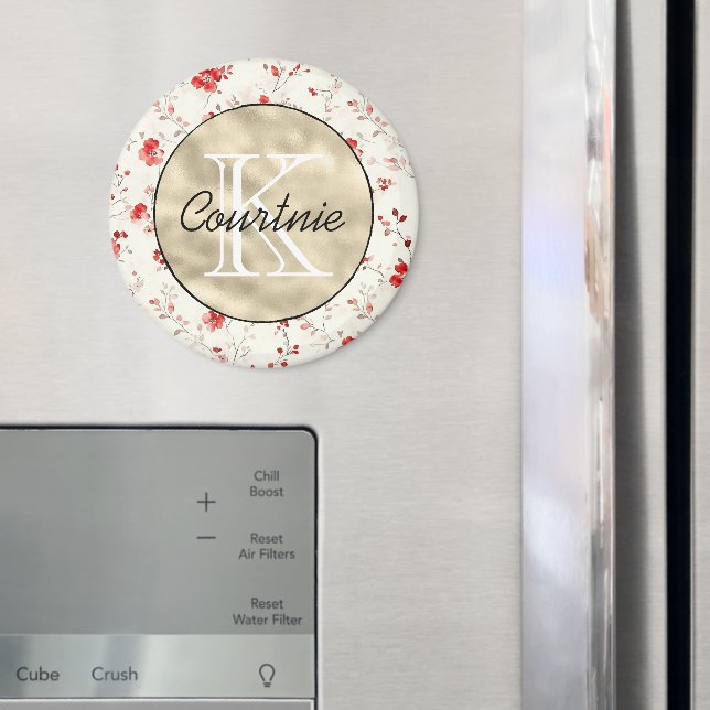 Rotes Creme Blumen Gold Monogramm Magnet (In Situ (Kühlschrank))