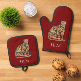 Rotes Creme Gold Leopard Tiermonogramm Ofenhandschuh & Topflappen-Set