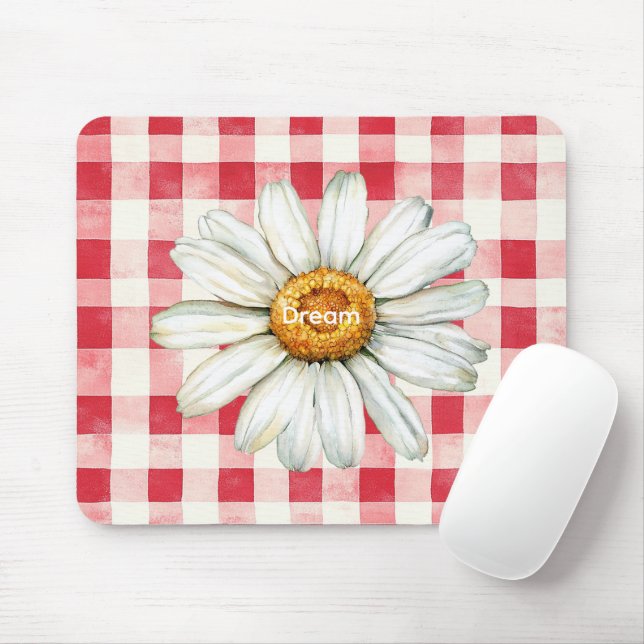 Rotes Creme Karo Gänseblümchen Mousepad (Mit Mouse)