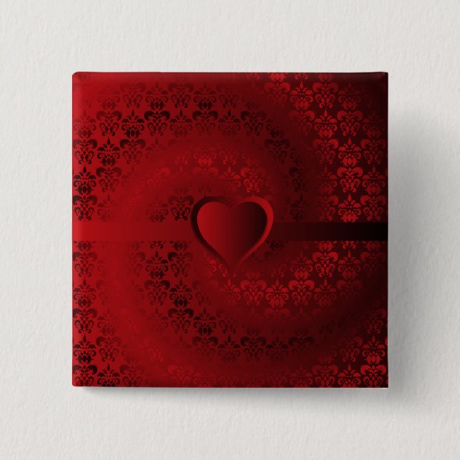 Rotes Damast-Herz Button (Vorderseite)