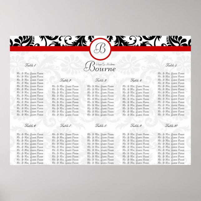 Rotes Damast-Monogramm-Sitzplan-Tischnummern Poster (Vorne)