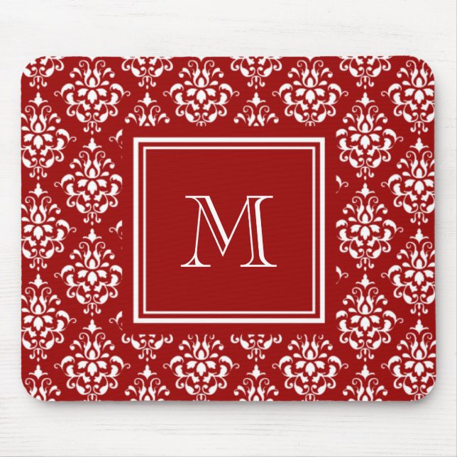 Rotes Damastmuster 1 mit Monogramm Mousepad (Vorne)