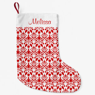 Rotes Damastmuster mit individuellem Namen Kleiner Weihnachtsstrumpf