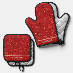 Rotes digitales Glitter & Funkeln Ofenhandschuh & Topflappen-Set