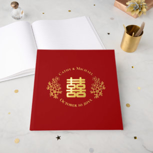Rotes doppeltes Glück Blumenlogo Chinesische Hochz Gästebuch