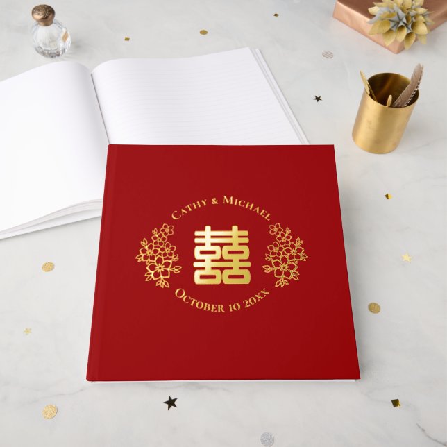 Rotes doppeltes Glück Blumenlogo Chinesische Hochz Gästebuch (Vorderseite Offen)